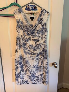 connected apparel White and Blue Floral Cowl-Neck Midi Dress